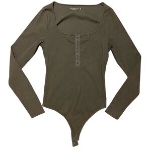 Abercrombie & Fitch Soft Rib Scoop Neck Clasp Front Olive Bodysuit